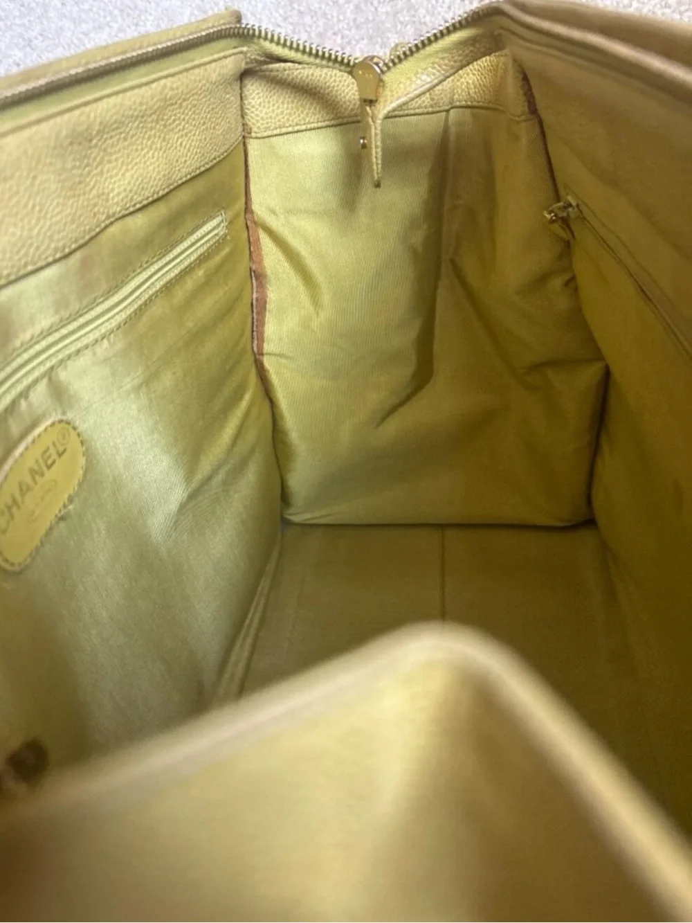 Vintage CHANEL Olive Green Caviar Leather CC Logo Shoulder Tote Bag